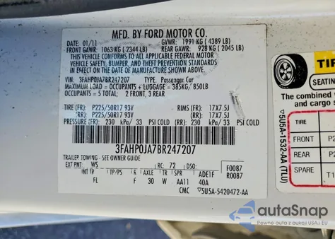 2011 Ford Fusion Sel z USA, uszkodzony, nr VIN 3FAHP0JA7BR247207